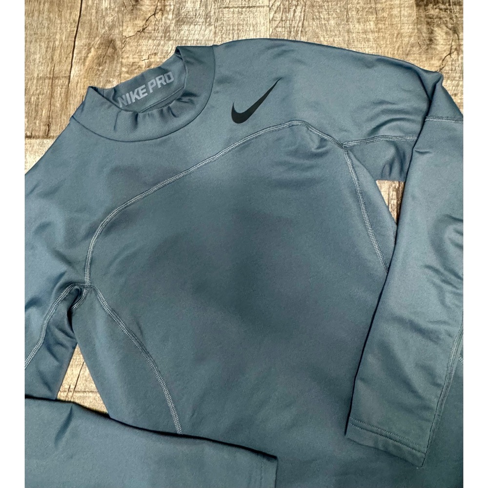 Nike Pro Hyperwarm Compression Shirt Mens Small Gray Long Sleeve Mock‎ Neck Top